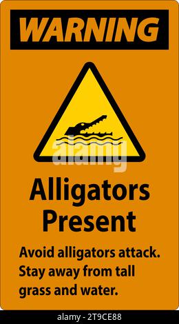 Panneau d'avertissement d'alligators, danger - les alligators présents Évitez les attaques, restez à l'écart des grandes herbes et de l'eau Illustration de Vecteur