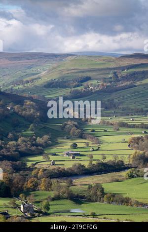 Regarder Swaledale vers Gunnerside depuis le haut de Low Row sur High Lane. Parc national des Yorkshire Dales, Royaume-Uni. Banque D'Images