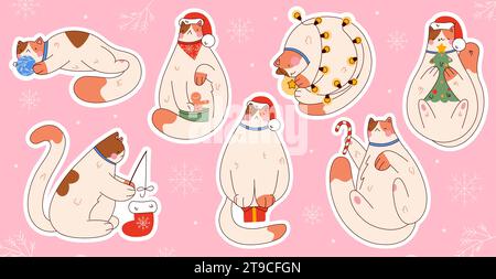 Ensemble de mignons chats de Noël stickers Vector Illustration de Vecteur