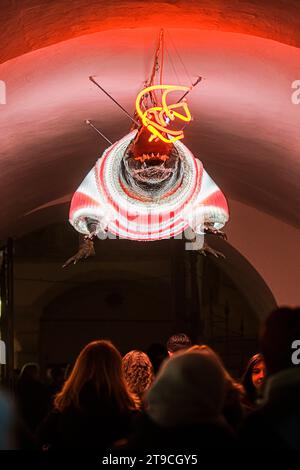 Brno, République tchèque. 24 novembre 2023. La cérémonie d'éclairage de l'arbre de Noël a eu lieu à Brno, en République tchèque, le 24 novembre 2023. Installation lumineuse sur le dragon de Brno dans la façade de l'ancien hôtel de ville. Crédit : Patrik Uhlir/CTK photo/Alamy Live News Banque D'Images