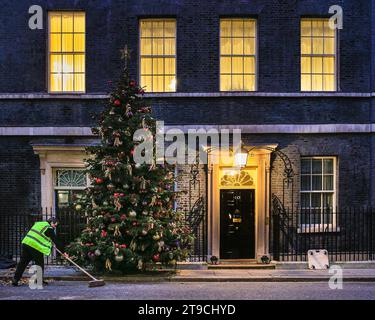 Londres, Royaume-Uni. 24 novembre 2023. Un sapin de Noël en sapin Nordmann de Dartmoor Christmas Trees est décoré par le personnel de The Tree Barn et Woods Barn et illuminé brièvement, apportant un sentiment festif à l'extérieur de la résidence du Premier ministre au N°10 et siège du gouvernement britannique. Crédit : Imageplotter/Alamy Live News Banque D'Images