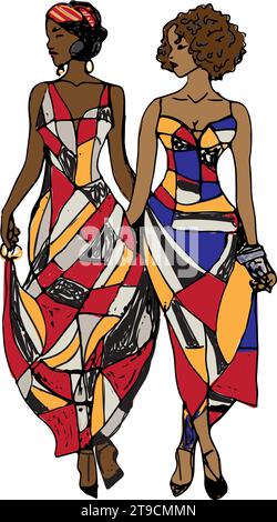 Deux femmes noires portant des robes à imprimé blocs sur le thème des années 1970 marchant main dans la main. Illustration de Vecteur