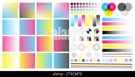 Repères de couleur CMJN. Repères d'enregistrement et de réglage des couleurs pour l'impression, la prépresse et la sérigraphie. Palette de tons CMJN vectorielle ensemble isolé d'illustration d'impression à l'encre cmjn Illustration de Vecteur