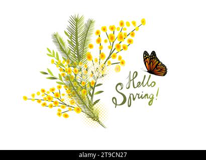 Mimosa jaune, fleurs de taches jaunes, éclaboussures. Couronne printanière des fleurs jaunes les plus brillantes. Bonjour Spring. dessin à la main. Pas ai, Illustration de Vecteur