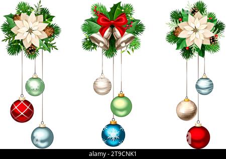 Décorations de Noël avec boules de Noël suspendues rouges, argentées, bleues et vertes, branches de sapin, cloches, fleurs de poinsettia et pommes de pin isolées sur W. Illustration de Vecteur