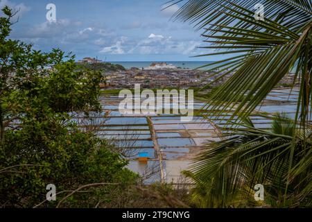 Vue sur le château d'Elmina au Ghana avec des arbres et l'océan Banque D'Images