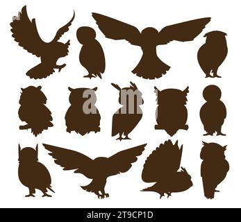 Silhouettes de hibou. Icônes d'oiseaux noirs volants pour la conception de logotype, silhouettes volantes de prédateur de nature pour tatouage, symbole de chouette de nuit. Ensemble isolé de vecteur d'illustration de hibou de silhouette d'oiseau Illustration de Vecteur