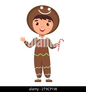 Costume de noël en pain d'épice enfant. Fête de vacances d'hiver, illustration de dessin animé vectoriel de vacances d'hiver Illustration de Vecteur