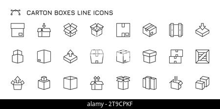 Icônes de ligne de boîte. Carton d'expédition noir pour colis, caisse vide pour marchandises de livraison, emballage en carton pour logiciel informatique. Ensemble isolé de vecteur d'illustration d'expédition de colis Illustration de Vecteur