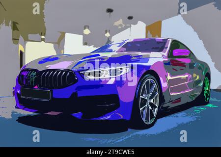 Illustration de voiture de sport, voiture de ville colorée moderne, image de style grunge Banque D'Images