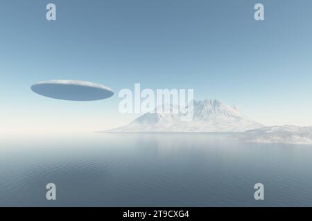 OVNI extraterrestre volant sur la surface de la mer, fond naturel de montagne.Illustration 3D Banque D'Images