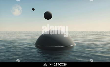 Vaisseaux spatiaux étrangers descendant vers l'eau de la mer de la Terre.Sphères d'OVNI volant de la Lune, illustration 3D Banque D'Images