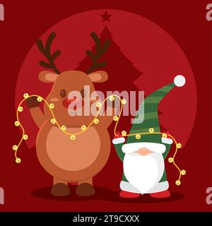 Mignon renne de noël et personnages elfe vecteur Illustration de Vecteur