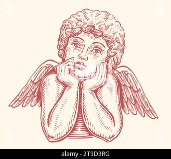 Pensif mignon ange enfant. Bébé mignon avec des ailes. Illustration vectorielle vintage dessinée à la main Illustration de Vecteur