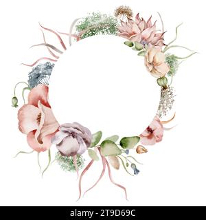 Cadre floral de fleurs sauvages. Couronne ronde botanique aquarelle sur fond isolé. Bordure en herbe d'herbier pour cartes de voeux Banque D'Images