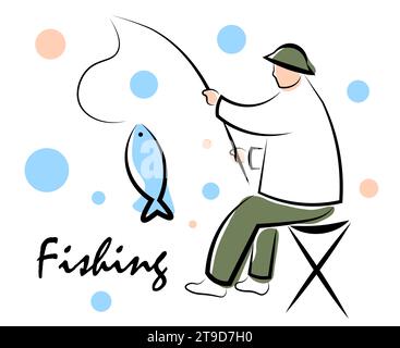 Un pêcheur en voyage de pêche a attrapé un poisson. Illustration vectorielle dans le style doodle Illustration de Vecteur