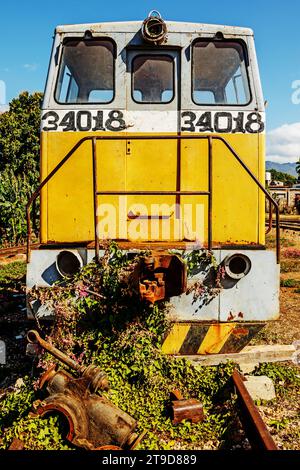 Vieille locomotive abandonnée envahie par la végétation sur une cour de triage. Banque D'Images