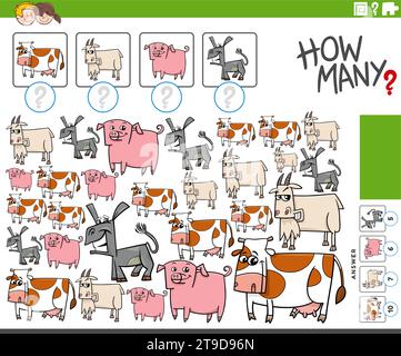 Illustration de dessin animé de l'activité éducative de comptage avec des personnages d'animaux de ferme comiques Illustration de Vecteur