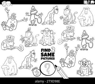 Illustration de dessin animé de trouver deux mêmes images activité éducative avec des singes animaux personnages à colorier page Illustration de Vecteur