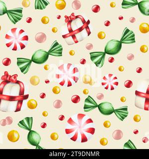 Motif sans couture aquarelle avec des illustrations de bonbons de noël. Sucettes de peinture à la main du nouvel an isolées sur fond blanc. Pour les designers, la nourriture Banque D'Images