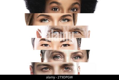 Collage avec des yeux masculins et féminins rapprochés d'ethnicité et d'âge différents. Diversité multiculturelle et amitié. Banque D'Images