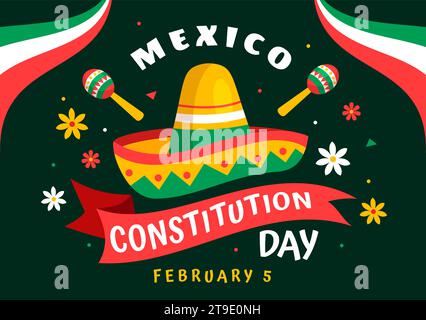 Dia de la Constitucion Illustration vectorielle. Traduction : Joyeux jour de la Constitution du Mexique le 5 février avec chapeau mexicain et drapeau agitant fond Illustration de Vecteur