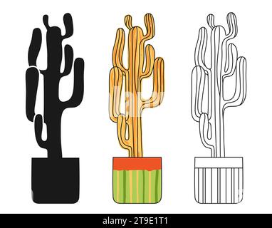 Cactus dans un ensemble de dessin animé grungy pot de fleurs. Plantes de maison silhouette du désert mexicain et des cactus doodle. Collection succulente texturée à la main dessinée à la main isolé. Illustration vectorielle de plantes d'intérieur en pot Illustration de Vecteur