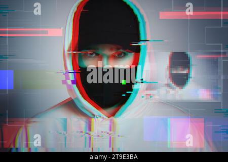 Image créative avec hacker anonyme avec des effets de pépin et d'interférence. Concept de cybersécurité. Banque D'Images