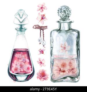 Aquarelle rose cerises fleuries avec bouteilles en verre, parfum, pour mariage, anniversaire, décoration de Saint-Valentin. Illustration pour carte postale, bordure, Banque D'Images