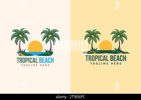 Emblème tropical de paradis avec deux palmiers et illustration vectorielle de modèle de logo de coucher de soleil Illustration de Vecteur