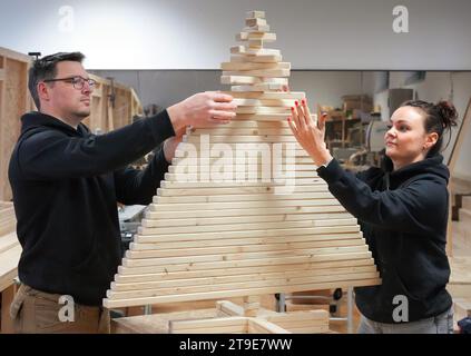 Stahnsdorf, Allemagne. 21 novembre 2023. Le technicien en construction Thilo Tolkmitt et l'économiste Ulrike Thunack, propriétaires de Frankytree Holzbaum Manufaktur, assemblent un arbre à partir de lattes de bois. L'atelier de Stahnsdorf, Brandebourg, produit des arbres de Noël à la main à partir de bois d'épicéa ou de pin depuis environ trois ans et les vend en ligne. (À dpa 'réutilisable chaque année : les arbres en bois sont la tendance') crédit : Soeren Stache/dpa/Alamy Live News Banque D'Images