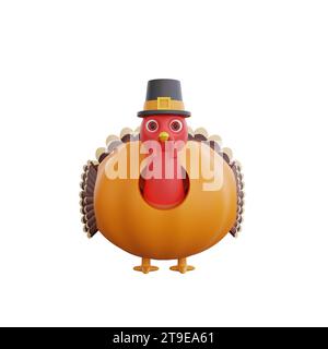 Illustration 3D turquie dans un costume de citrouille un élégant chapeau haut de gamme noir. motif de thanksgiving parfait Banque D'Images