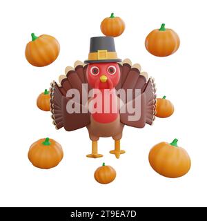 Illustration 3D turquie enfilant un chapeau de pèlerin, entouré de citrouilles orange vibrantes. motif de thanksgiving parfait Banque D'Images