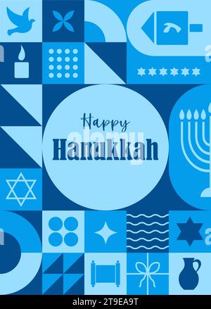 Joyeuse carte de voeux Hanukkah. Fond Bauhaus avec des formes et des éléments simples. Carte minimaliste tendance. Illustration vectorielle dans le style géométrique néo Illustration de Vecteur