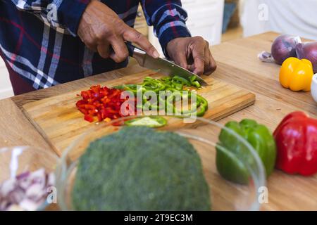 Mains de l'homme aîné afro-américain tranchant des poivrons, coupant des légumes dans la cuisine Banque D'Images