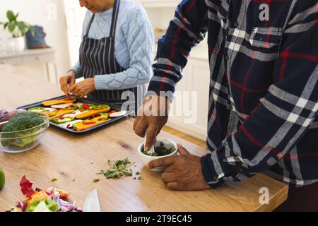 Section médiane de divers couples seniors préparant un repas sain avec des légumes dans la cuisine Banque D'Images
