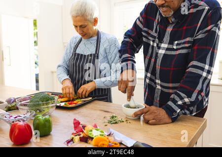 Couple senior diversifié préparant un repas sain avec des légumes dans la cuisine Banque D'Images