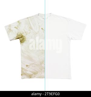 Comparaison de t-shirt blanc avant et après l'utilisation de détergent à lessive ou d'eau de Javel Banque D'Images