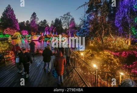 Vancouver, Canada. 24 novembre 2023. Les gens voient les lumières installées au jardin botanique VanDusen à Vancouver, Colombie-Britannique, Canada, le 24 novembre 2023. Le « Festival des Lumières » a débuté ici à Vancouver vendredi soir. Crédit : Liang Sen/Xinhua/Alamy Live News Banque D'Images