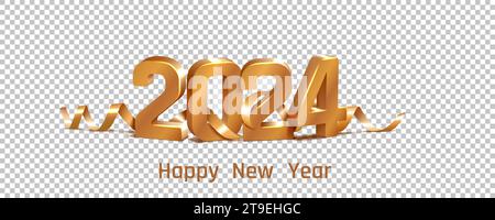 2024 bonne année. Numéros d'or 3D. Elément de carte de voeux. Confettis de ruban doré sur fond transparent. Vacances d'hiver. Célébration de décembre. G Illustration de Vecteur