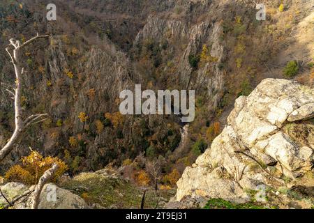 Blick von der Rosstrappe auf den Fluss Bode und das Bodetal im Harz BEI Thale, Sachsen-Anhalt, Deutschland | vue de la Rosstrappe à la Boder R. Banque D'Images