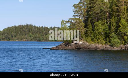 Belles îles avec des pins qui poussent sur eux près de l'île de Valaam dans le lac Ladoga Banque D'Images