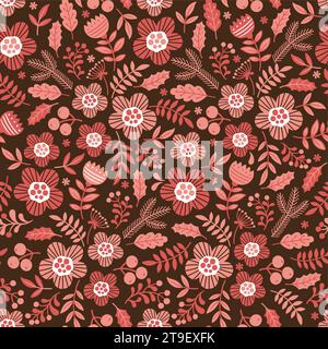 Motif sans couture de prairie de fleurs. Entrelacement de fleurs et de branches rocheuses roses stylisées sur fond brun foncé Illustration de Vecteur