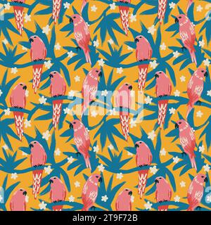 Motif sans couture dessiné à la main avec des feuilles bleues de perroquet rose rouge sur fond jaune. Animal d'oiseau de forêt de jungle tropicale, design exotique coloré d'été lumineux, mode de flore d'hawaï, imprimé moderne Banque D'Images