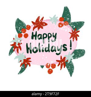 Illustration dessinée à la main ovale avec salutation joyeuses fêtes dans la couronne de noël. Branches de sapin vert baies de houx rose branches de conifères de sapin pin sapin. Affiche d'invitation hiver décembre Banque D'Images