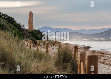 Plage Playa del Muro avec Alcudia pins tour à Majorque, Iles Baléares, Espagne. Destination de voyage entre Alcudia et CAN Picafort Banque D'Images