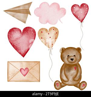 Watercolor set for valentines day cute drawings of a bear, a love letter, a balloon, a cloud and an airplane. For designing cards and creating Banque D'Images