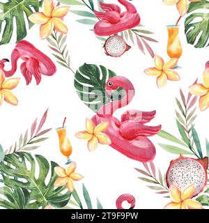 Ensemble d'illustrations de vacances d'été. Dessin à l'aquarelle. motif sans couture. Vacances d'été dans une station tropicale. Dessin pour la conception de souvenirs, pos Banque D'Images