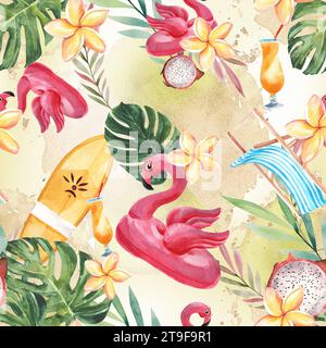 Ensemble d'illustrations de vacances d'été. Dessin à l'aquarelle. motif sans couture. Vacances d'été dans une station tropicale. Dessin pour la conception de souvenirs, pos Banque D'Images