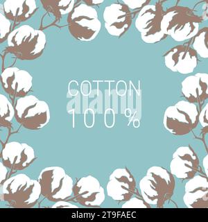 Bannière avec cadre de branche de fleurs de coton dessiné à la main sur fond bleu. Coton 100 pour cent . Illustration vectorielle Illustration de Vecteur